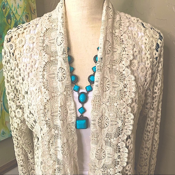 Johnny Was Midi All Over Lace Crochet Kimono Duster Cardigan w/Pockets EUC Sz M - Picture 6 of 12